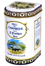 Hrubá mořská sůl z Camargue s 3 druhy pepře BIO,125g plechovka, Provence d´Antan Hrubá mořská sůl z Camargue s 3 druhy pepře BIO,125g plechovka, Provence d´Antan